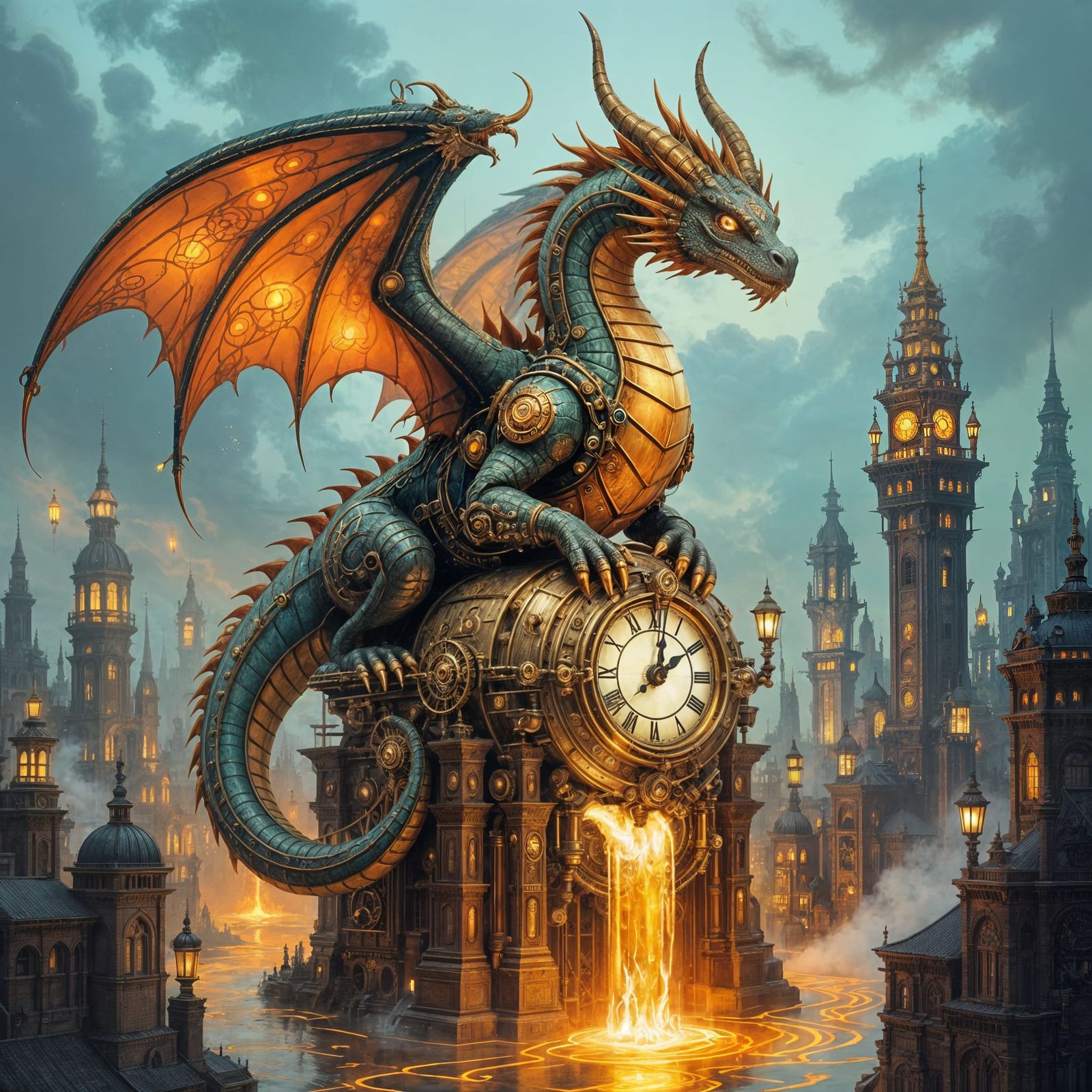 Steampunk Dragon Over Clockwork City in Gaslight Glow