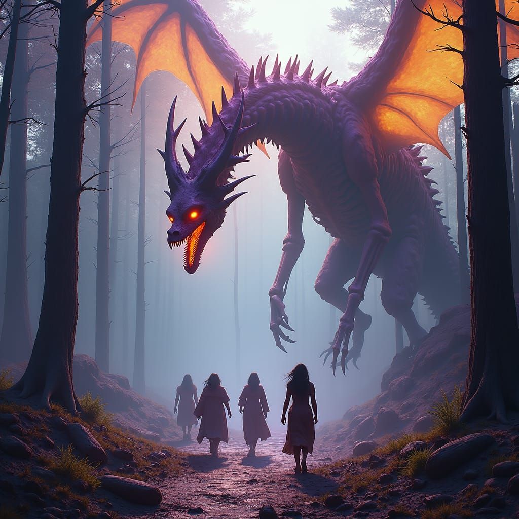 Undead Bone Dragon Attacks Hippy Commune in Dark Fantasy Art