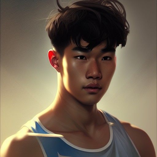 Detailed Portrait of Athletic Asian College Boy