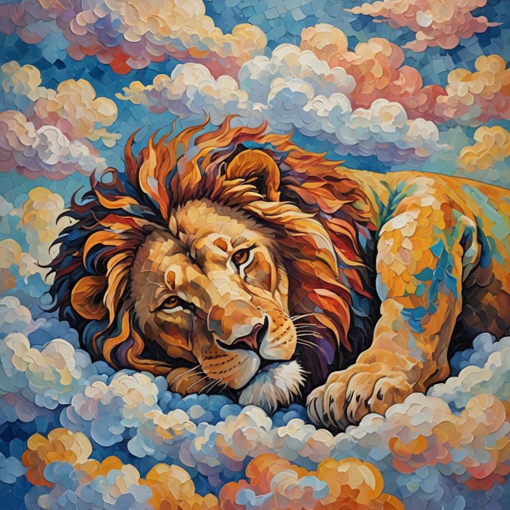 Lion Asleep on Clouds: Expressionist Oil Painting