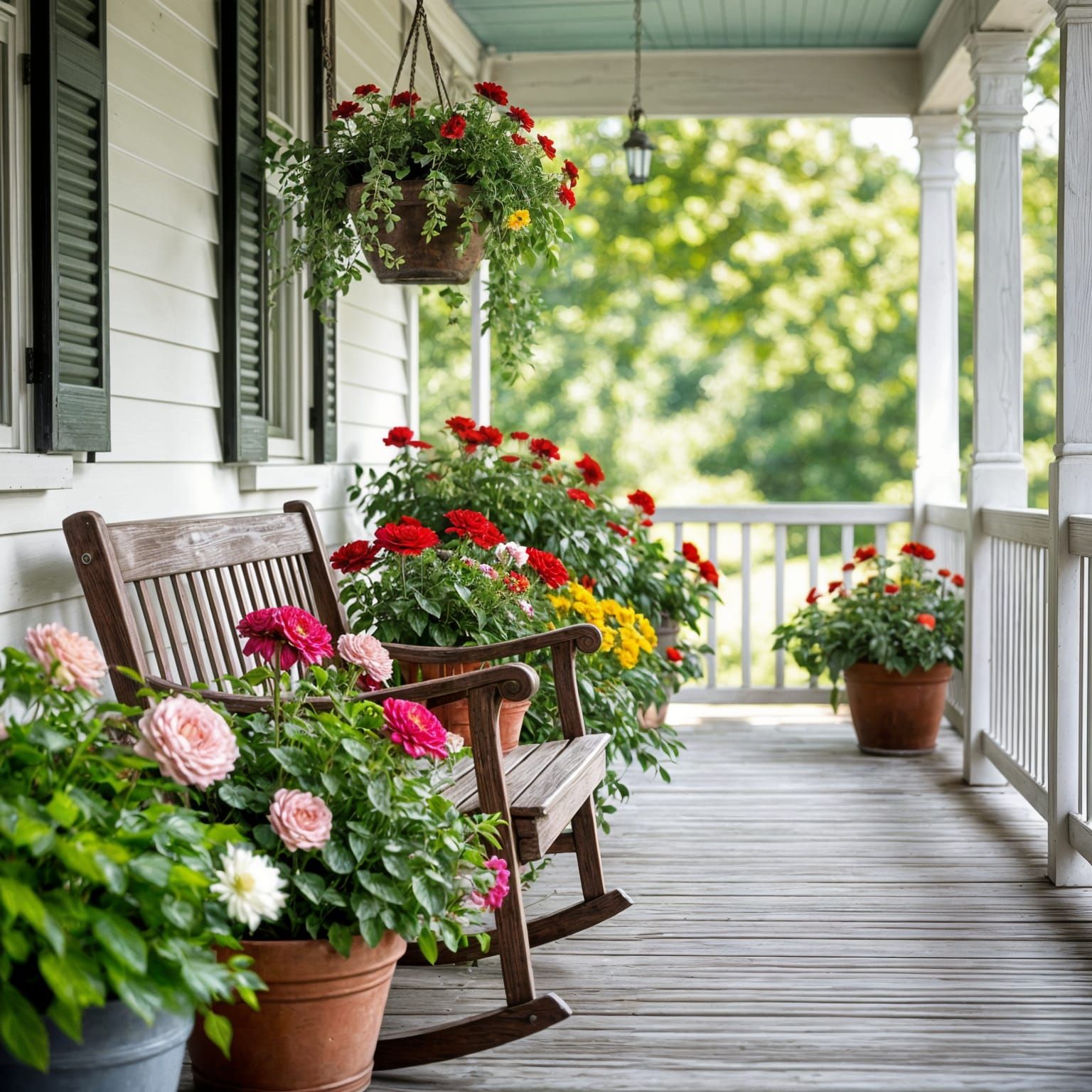 Vintage Porch with Flowers and Porch Swing