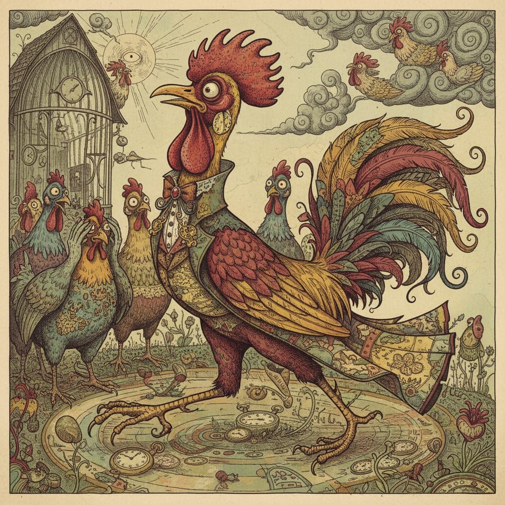 Fantastic Rooster Caricature in Surreal Garden