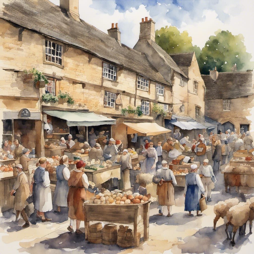 Medieval Sheep Market Watercolor in the Cotswolds