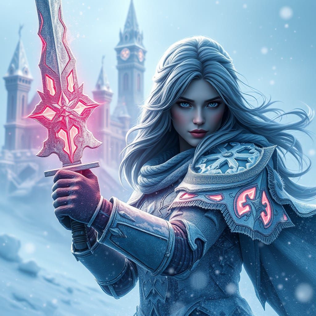 Surreal Winter Princess Defends Icy Realm in a Snowy Wonderl...