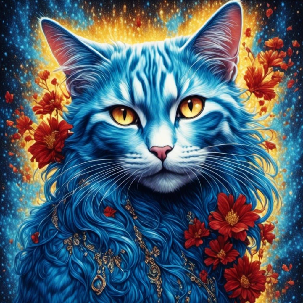 Hyperrealistic Blue Cat Girl in Artistic Splash Art