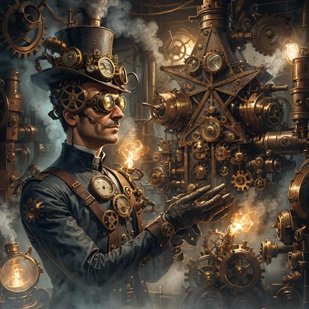 Menacing Steampunk Inventor in Dimly Lit Laboratory