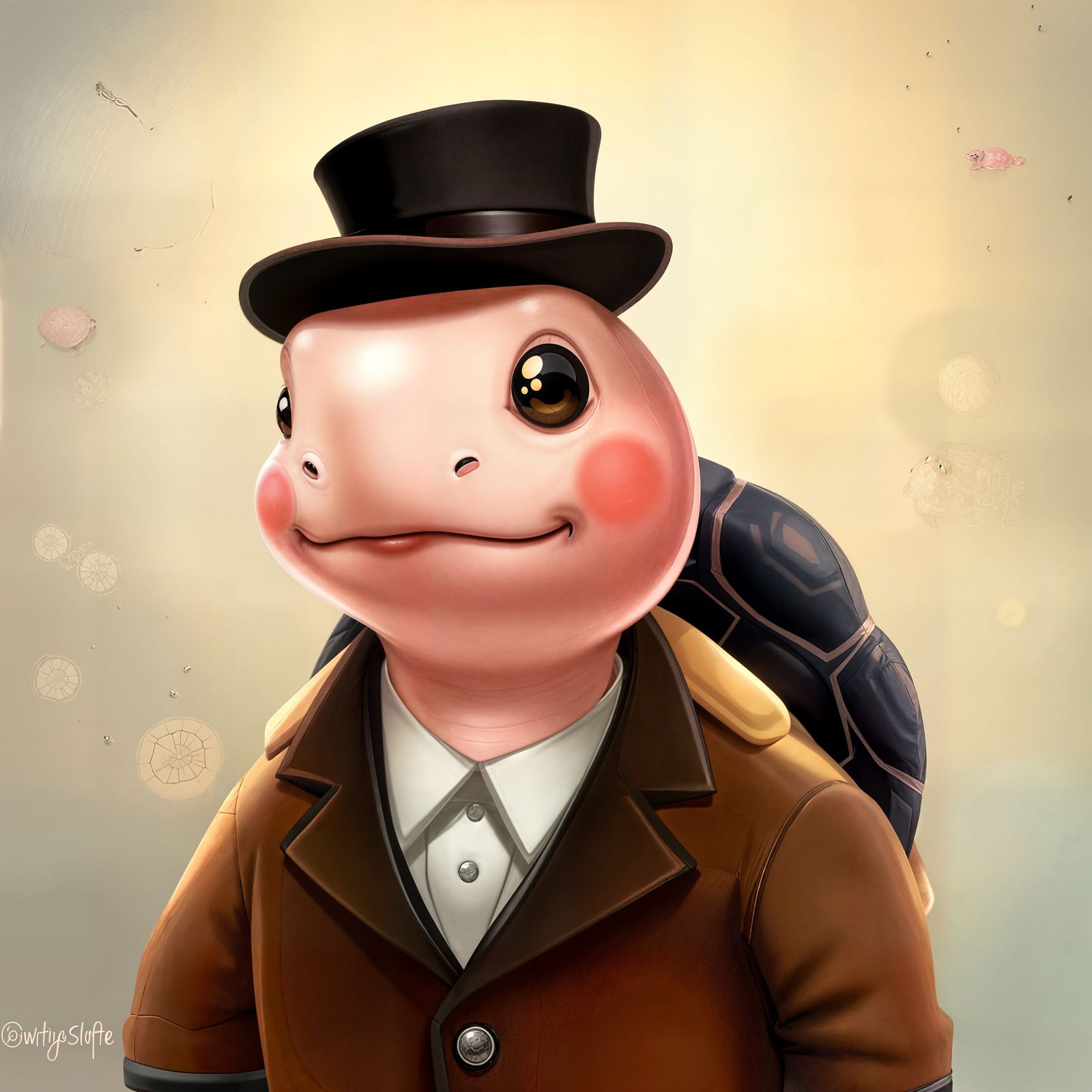 Shiny Pink Turtle in Tuxedo Hat and Suit