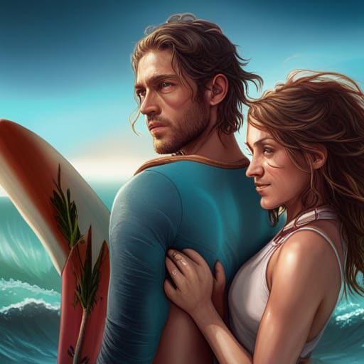 Surfer Couple Portrait in Hyperdetailed Digital Art