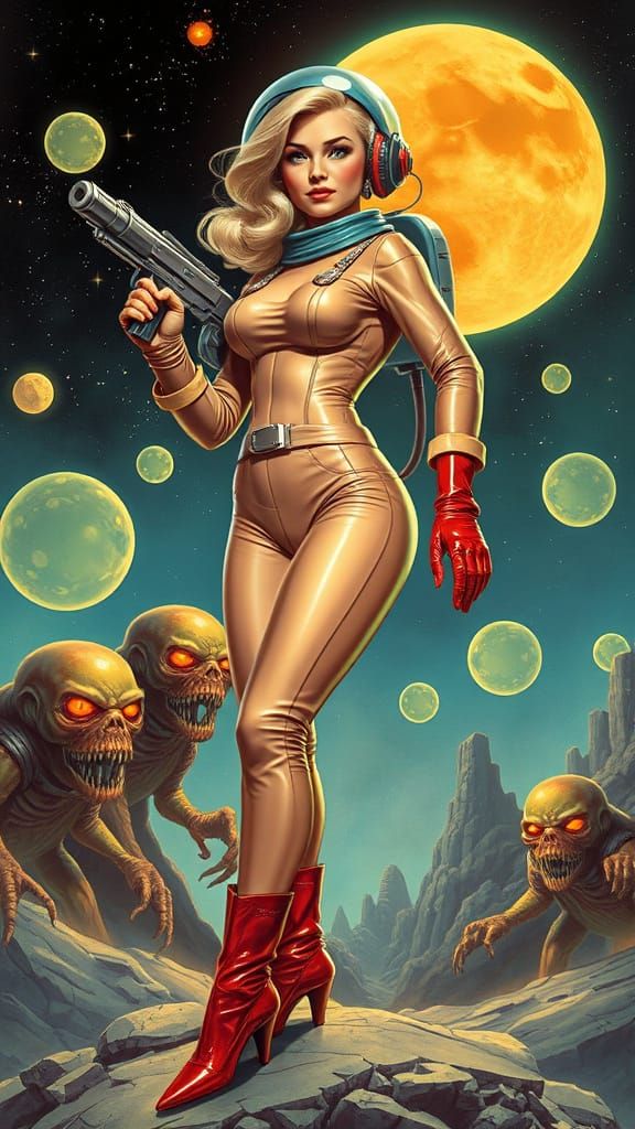 Retro-Futuristic Pulp Art of a Blonde Astronaut
