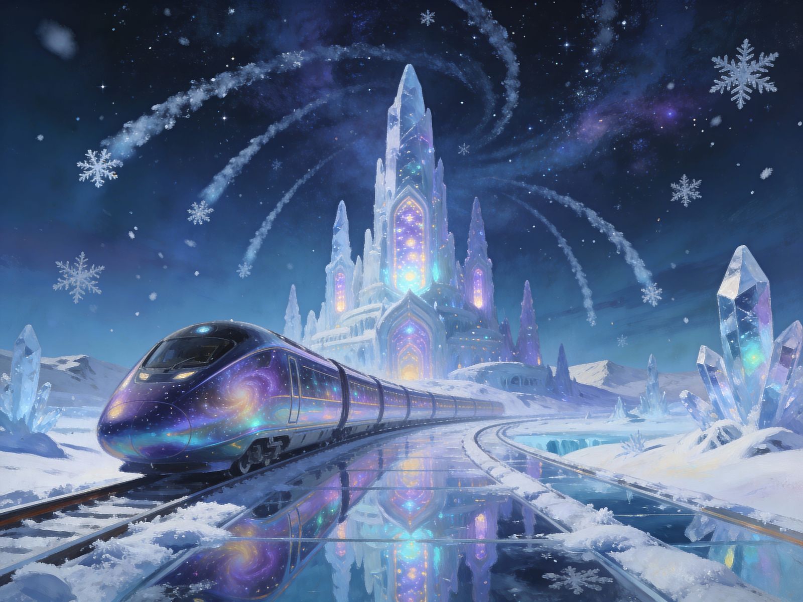 Galactic Train in Bioluminescent Alien Winter Landscape