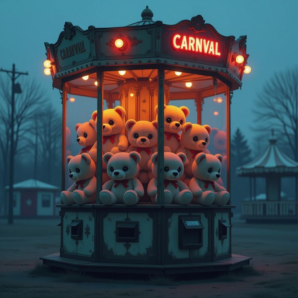 Creepy Carnival Claw Machine with Ominous Stuffed Animals