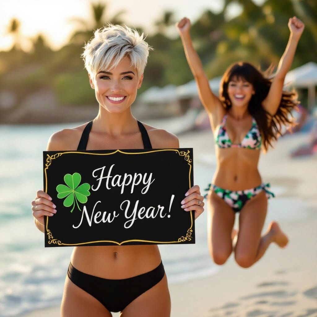Athletic Woman in Barbados with New Year's Sign