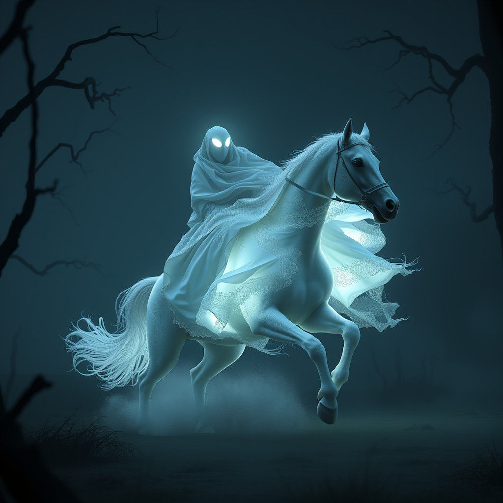 Ghostly Rider on White Horse in Misty Forest