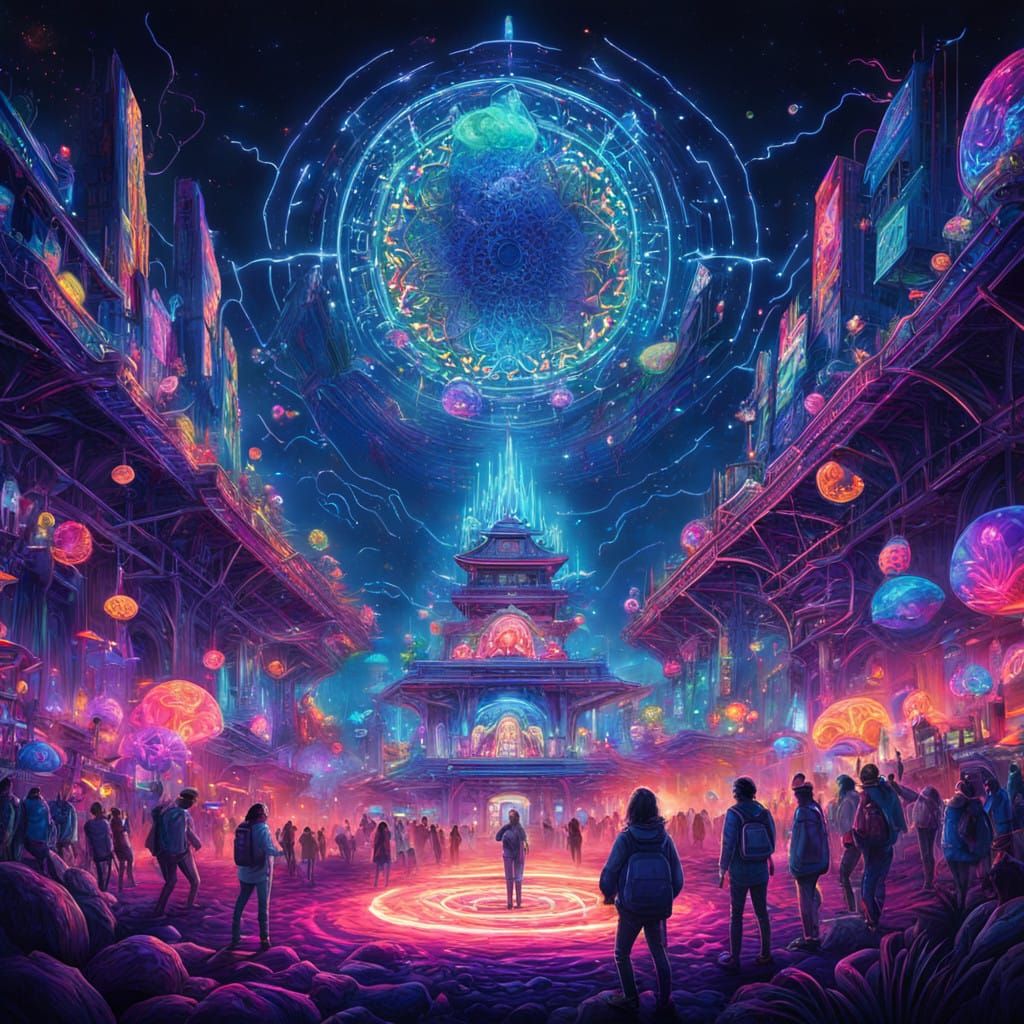Electric Dreamscape of a Vibrant Psychedelic Festival