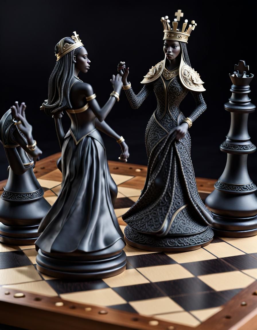 Dramatic 3D Chess Scene with Tangoing Queens