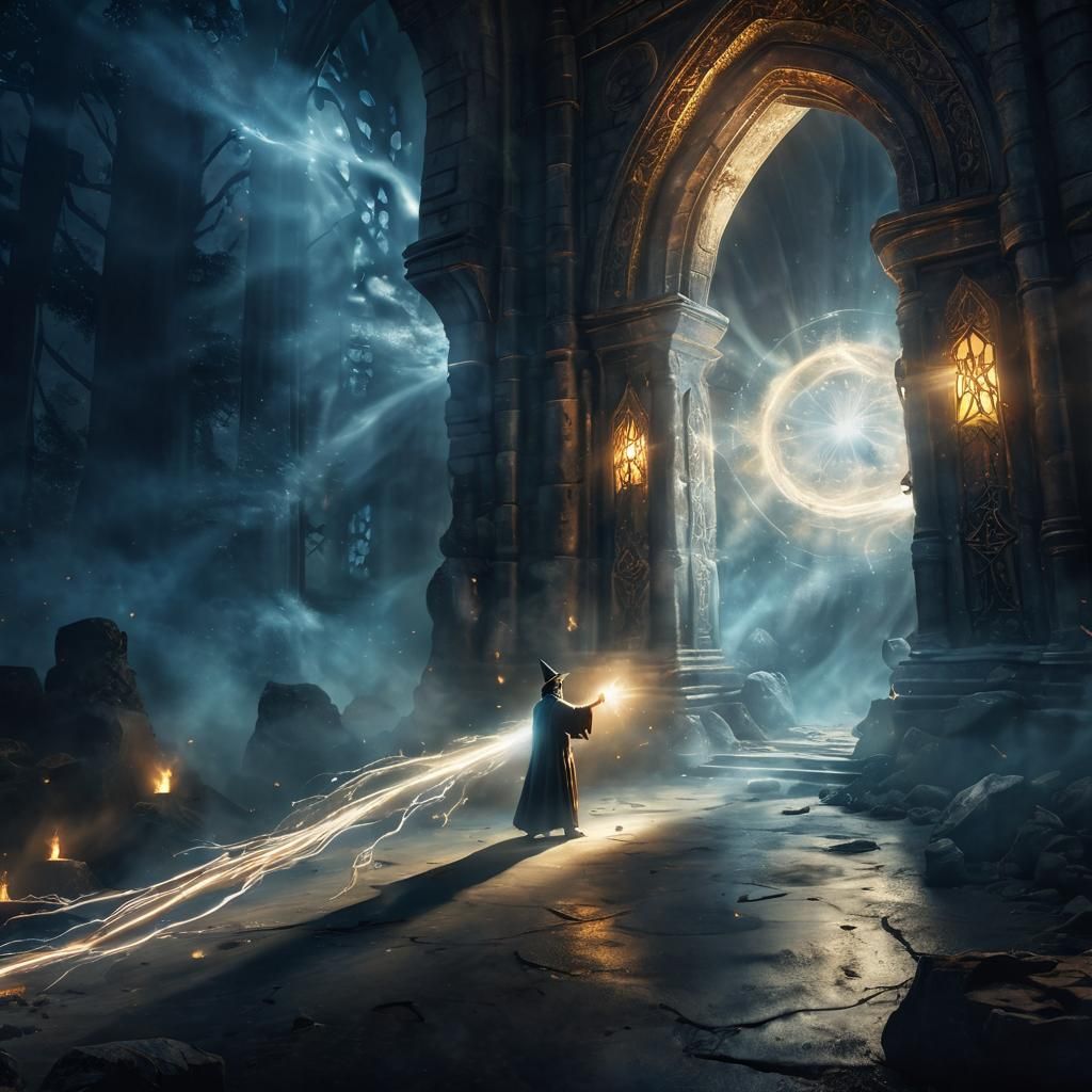 Wizard Casting Destructive Spell With Bright Light Rays