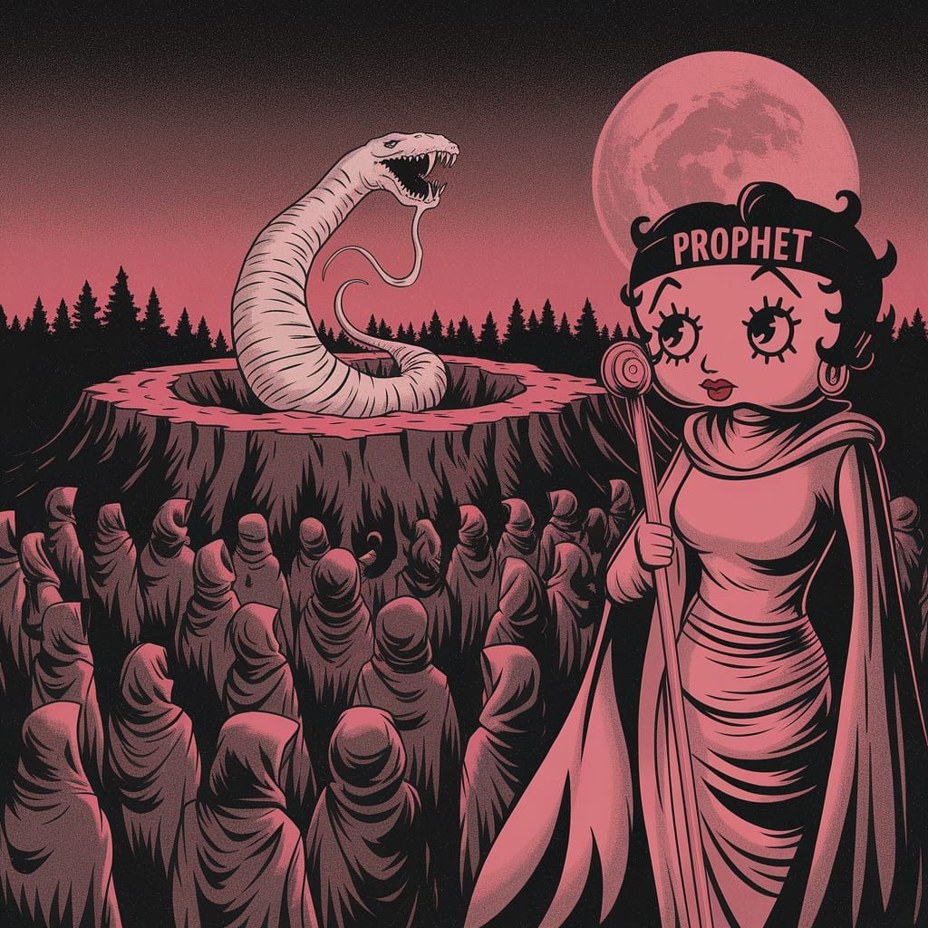 Giant Worm Rises from Crater in 1930s Sepia Animation Style