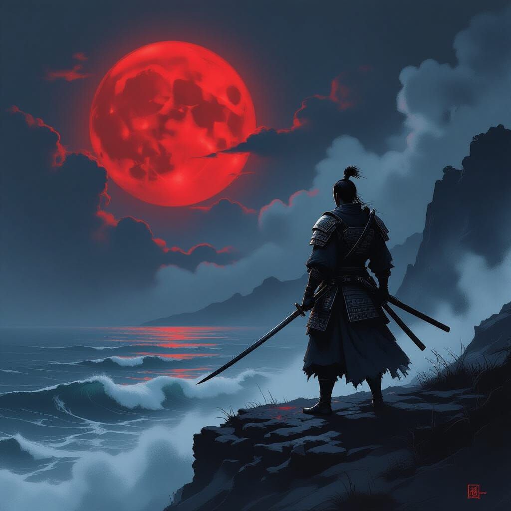 Samurai Warrior on Cliff Under Blood Moon