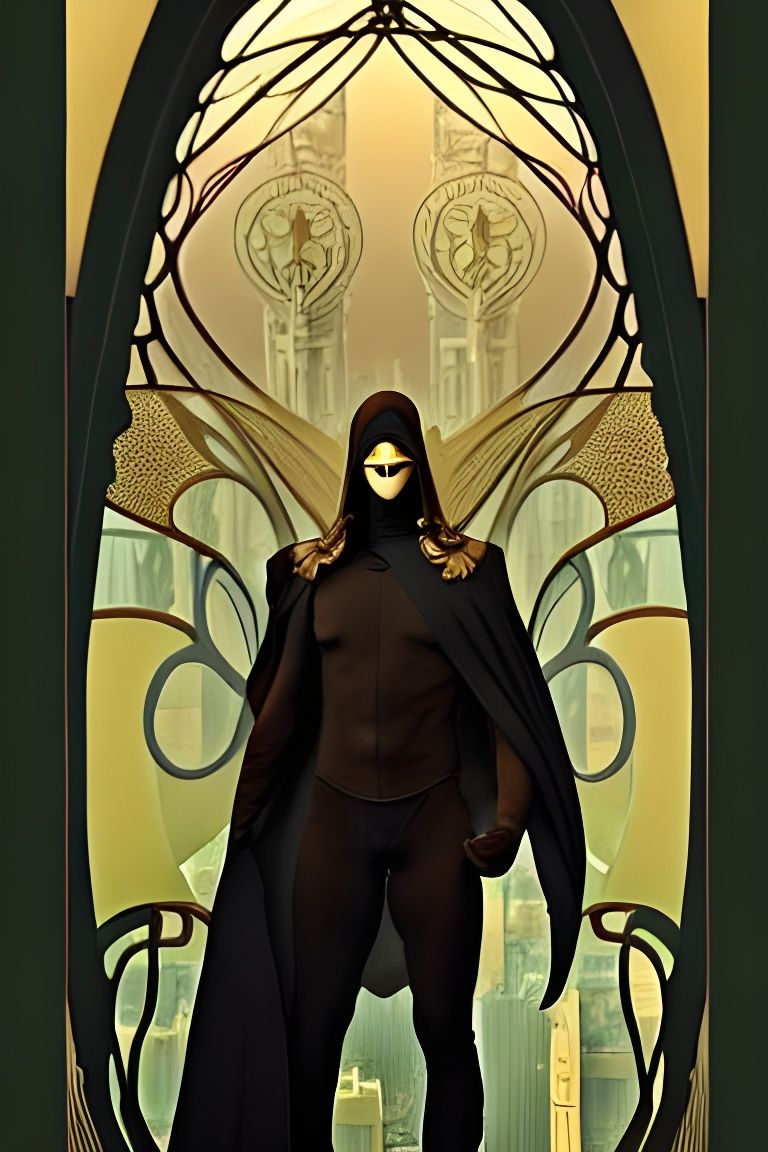 Art Nouveau Superhero Ascends Over City