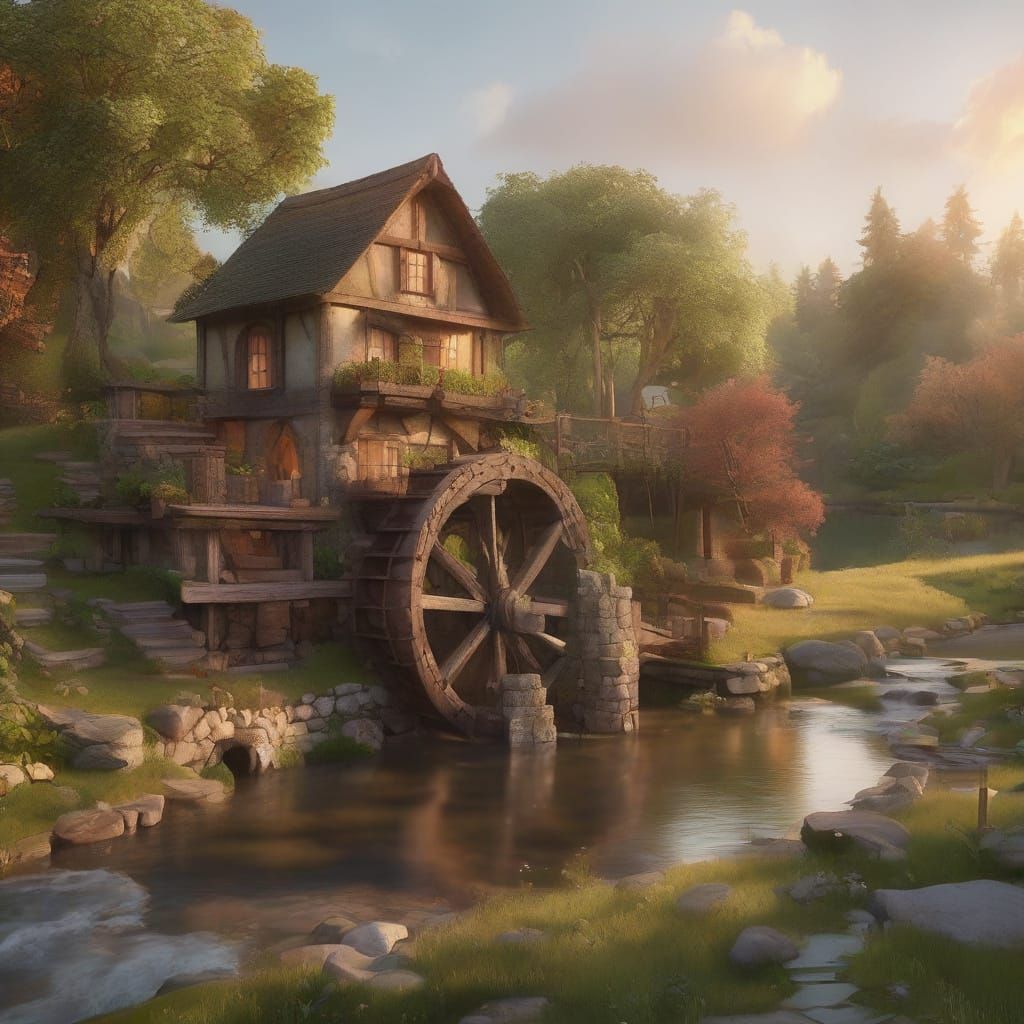 Enchanted Waterwheel Cottage in Whimsical Fantasy World