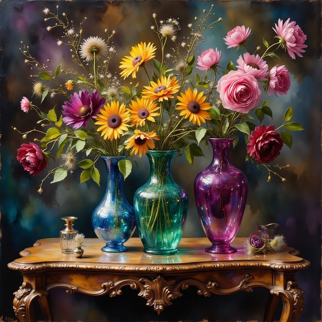 Floral Still Life in Dark Oil Paint Style