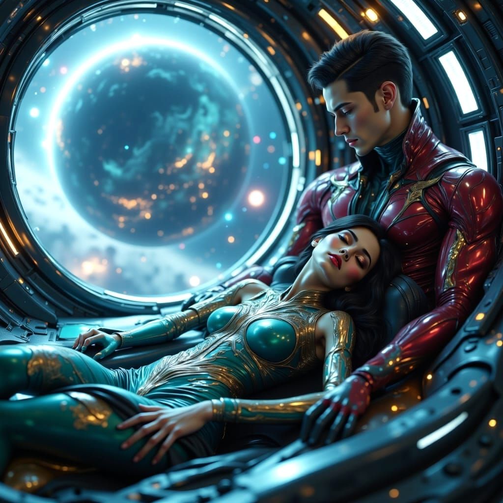 Woman Sleeps in Cryo-Pod on Spaceship in Spacecore Style