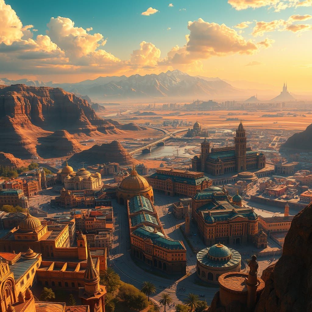 Vibrant Landscape Concept Art Piece with Bustling Streets, M...