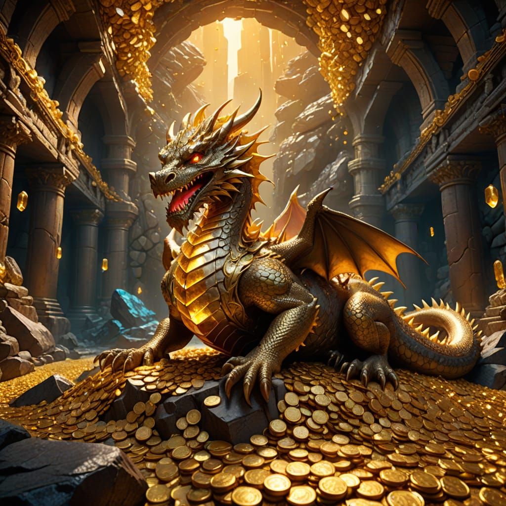 Digital matte painting. A colossal crystal dragon sleeps atop a mountain of gold coins inside a vast, cavernous treasury...