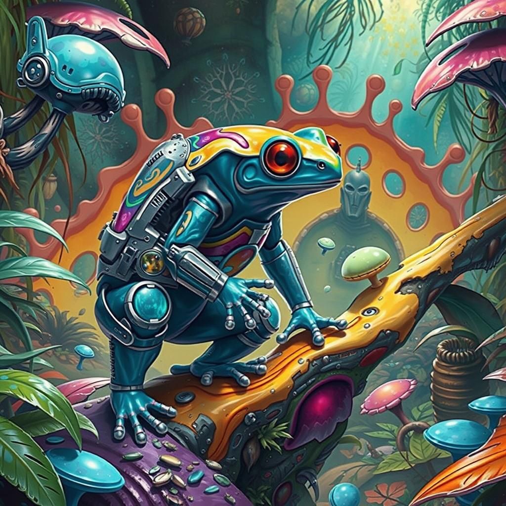 Space Trooper Gazing at Iridescent Alien Frog