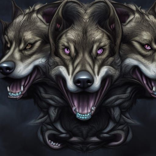 Three-Headed Cerberus Portrait in Hyperdetailed 3D Art