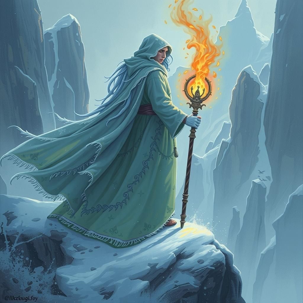 Mystical Sorcerer with Fire Staff in Snowy Mountains