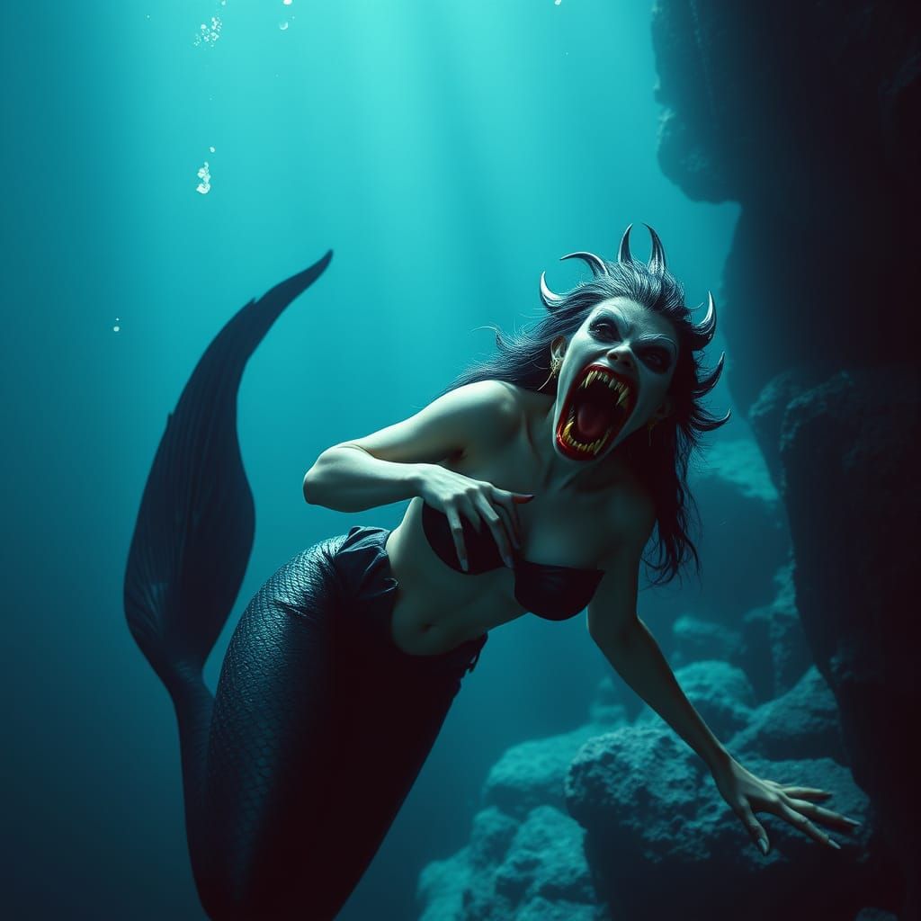 Hyperrealistic Mermaid Vampire in an Oceanic Environment
