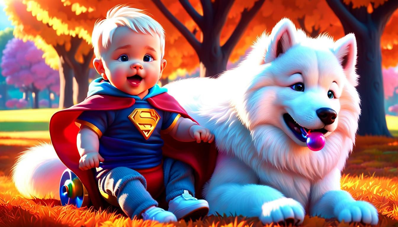 Baby Superhero Rides Samoyed Dog in Pixar Style