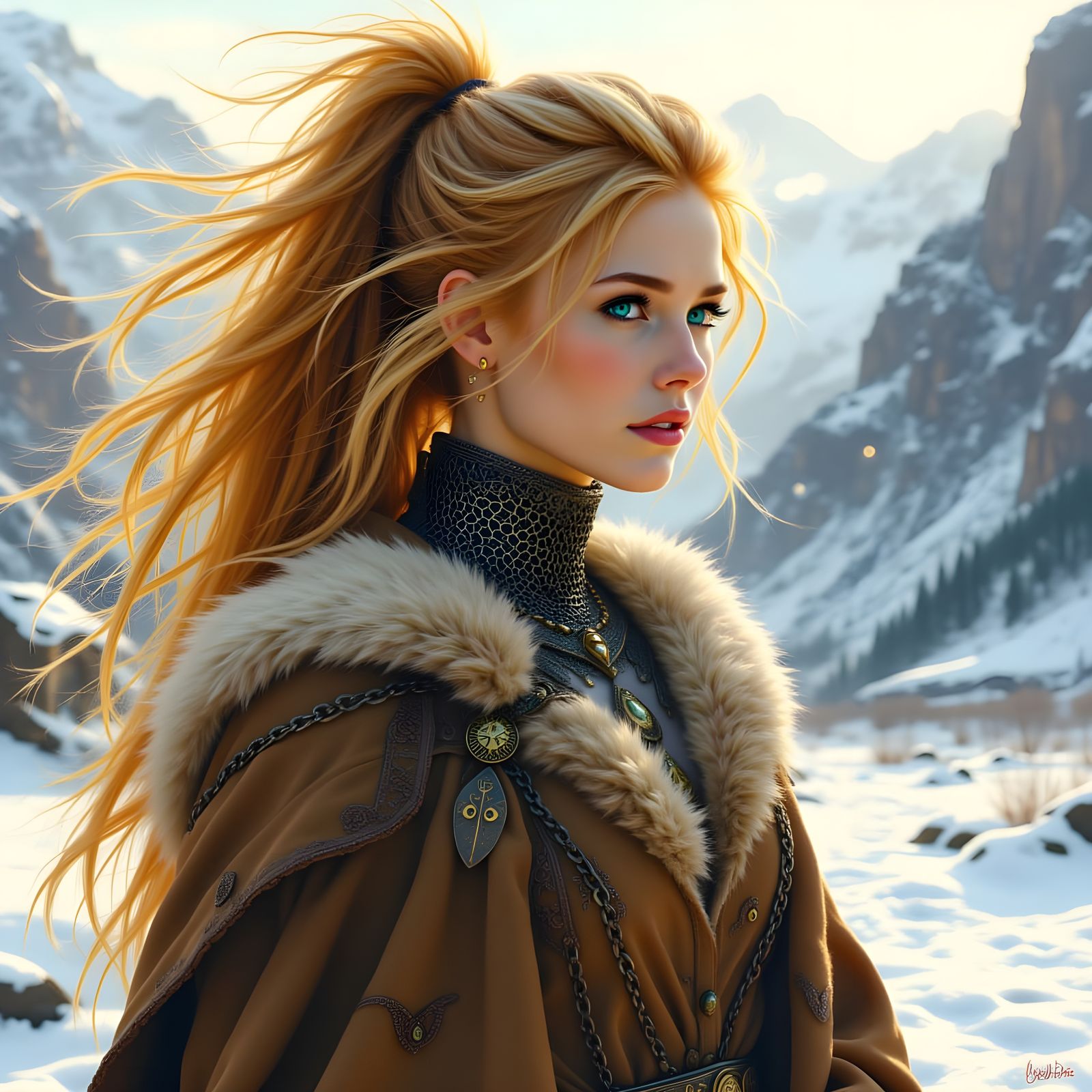 Norse Goddess Scanning Horizon in Golden Light