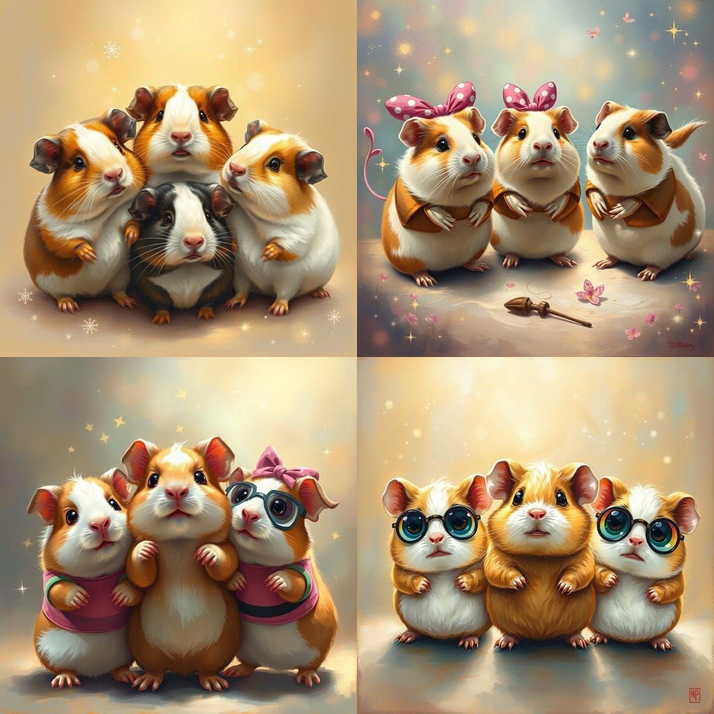Guinea Pig Powerpuff Trio in Whimsical Oil Painting