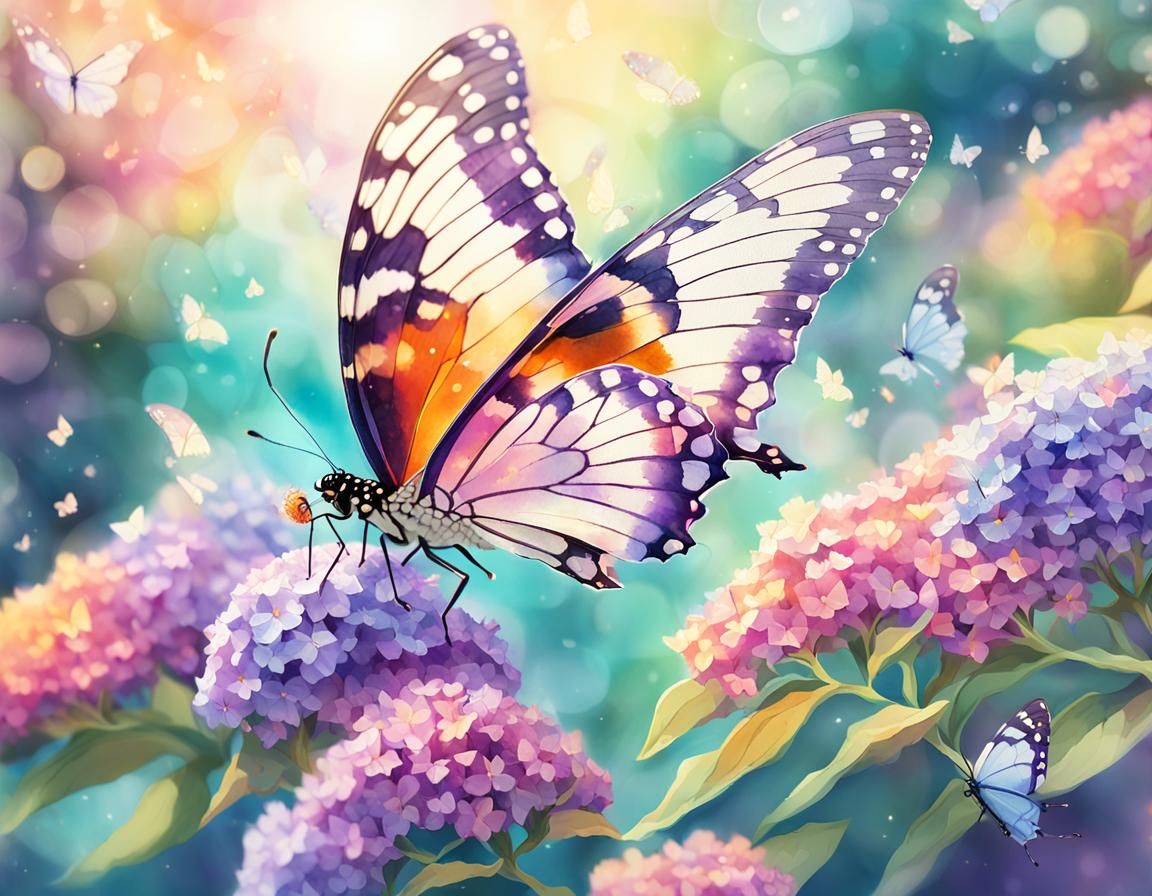 Buddleia and Butterflies in Anime Watercolor Art