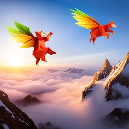 Winged Donkey and Monkey in Origami Style