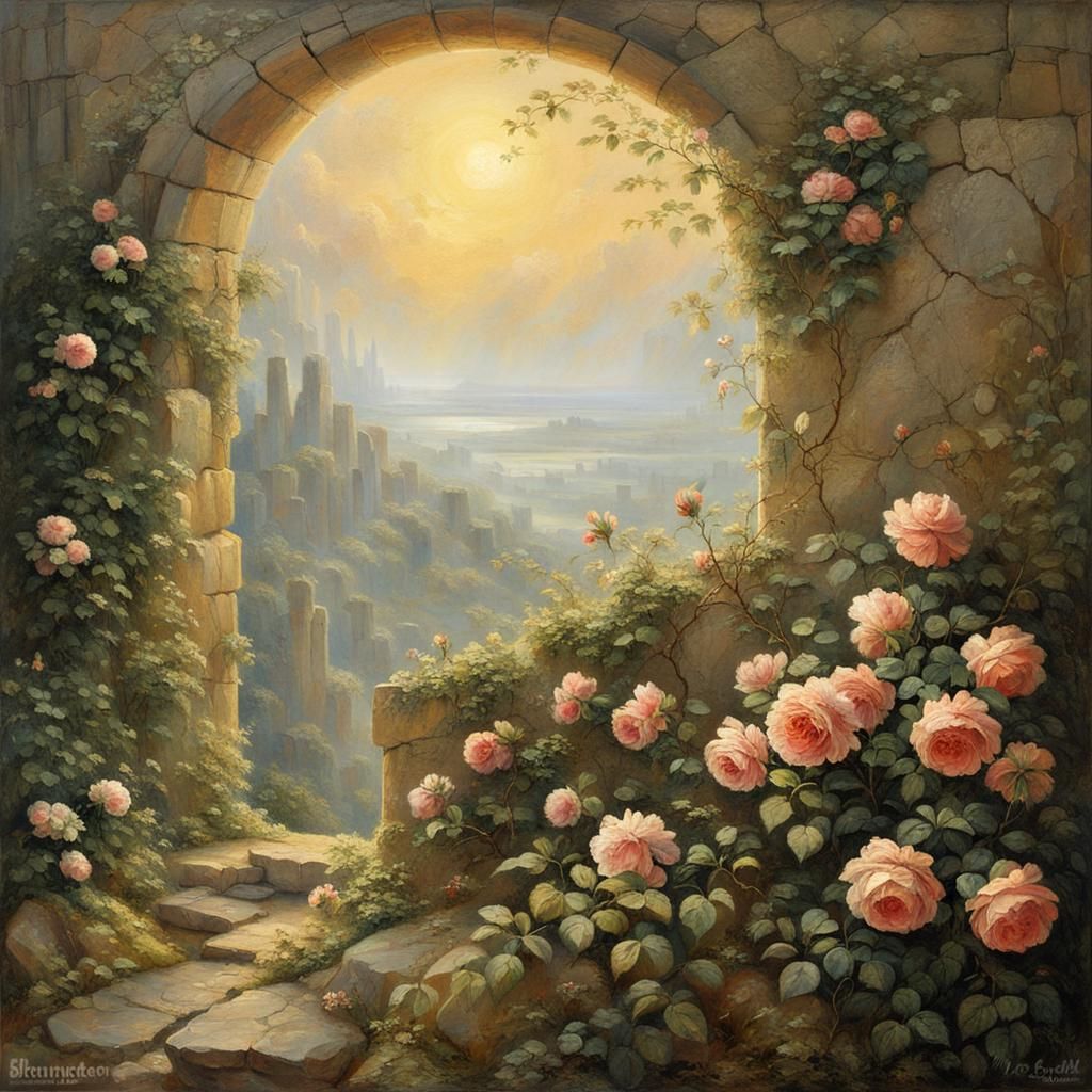 Roses Overgrown on Ruined Wall as Oil Painting