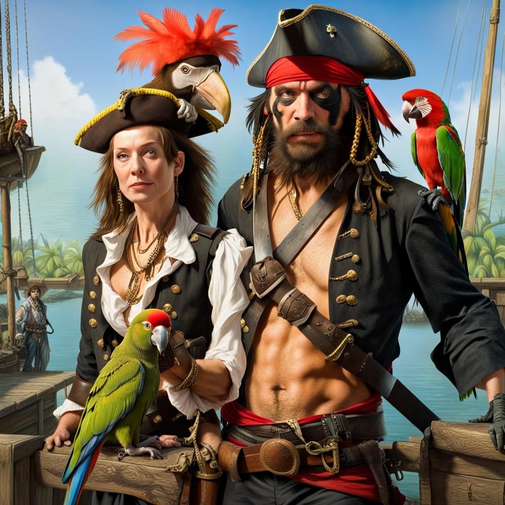 A Juggernaut version: male pirate on dock with sword in hand and parrot on shoulder and female pirate next to him with m...