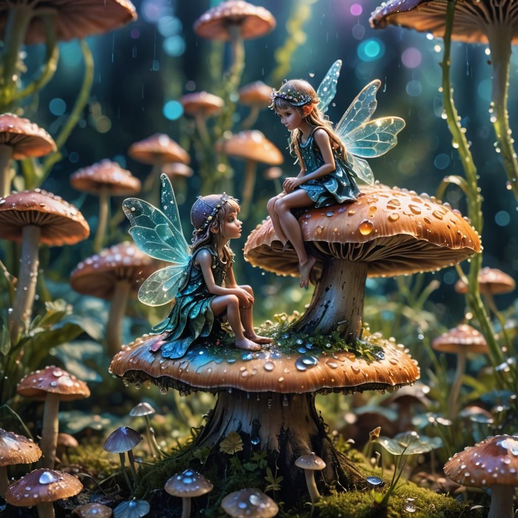 Tiny fairy sitting on a mushroom.