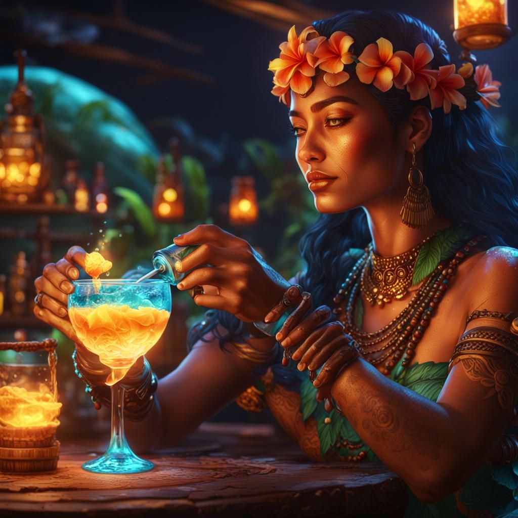 Glowing Nectar Pour in a Detailed Tiki Bar