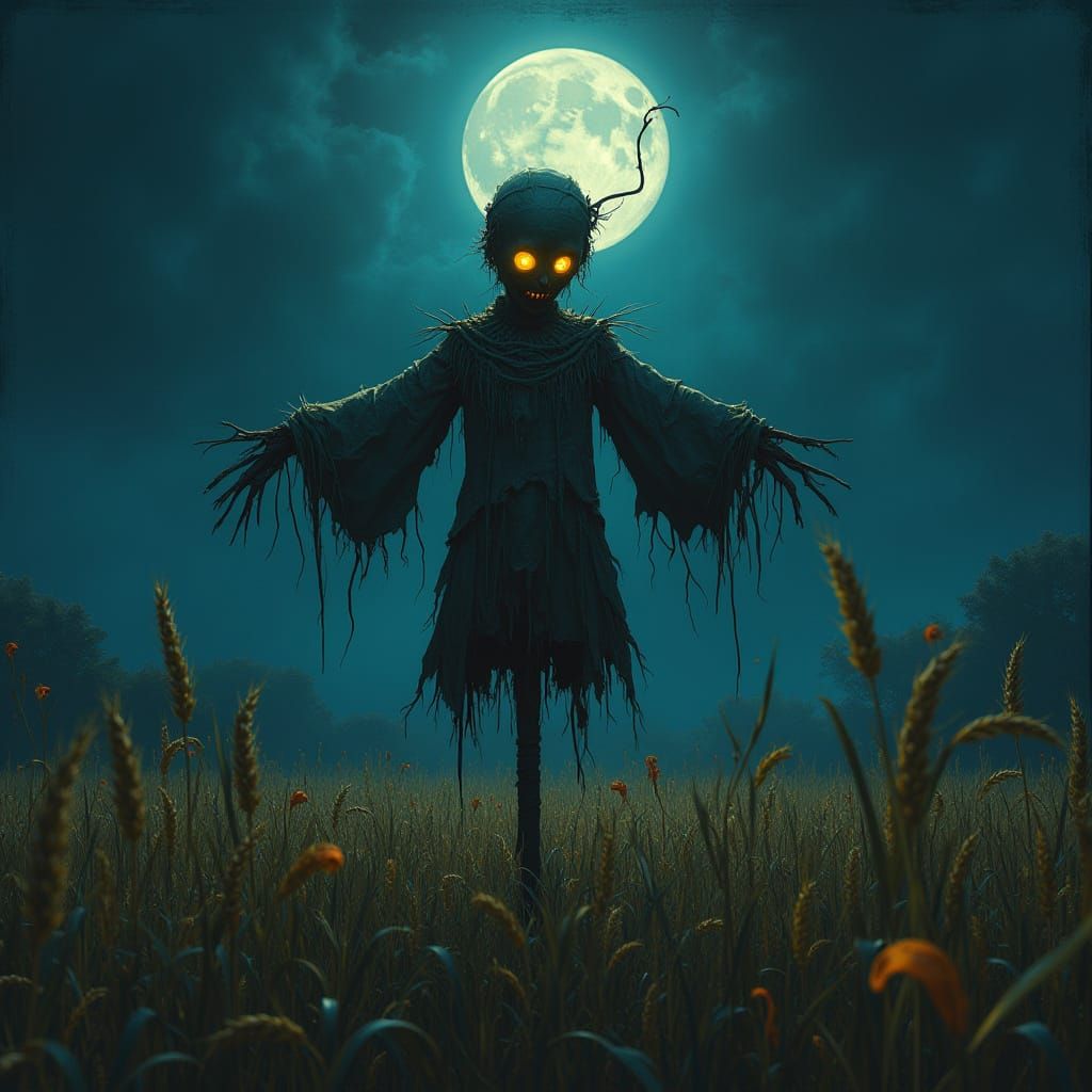 Ethereal Scarecrow in Bioluminescent Wheat Field