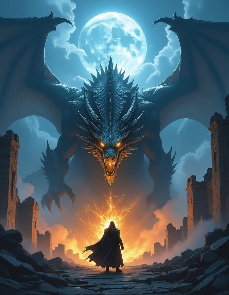 Sorcerer Battles Dragon in Cinematic Fantasy Landscape