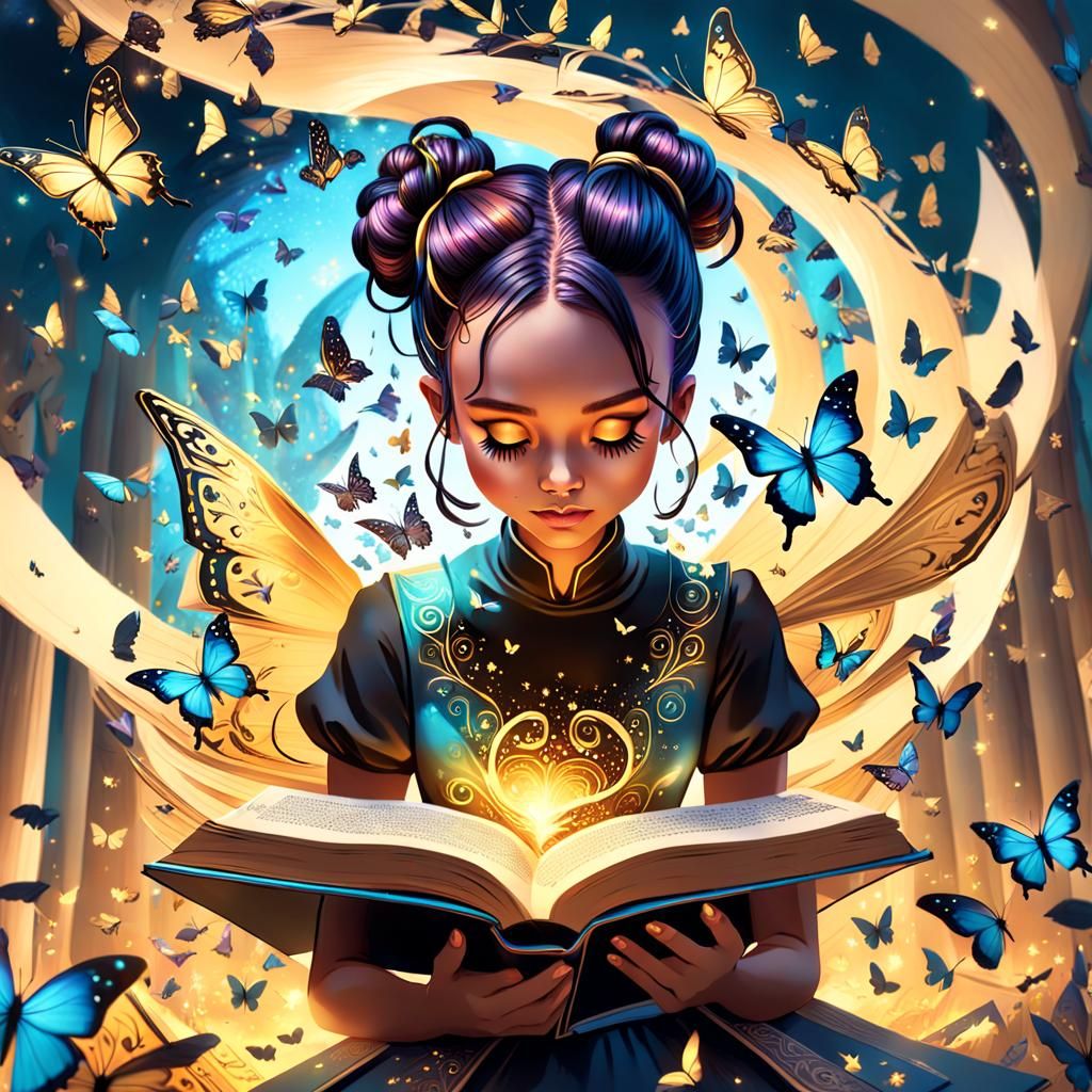 Whimsical Fantasy Girl Enchants with Magic Book and Butterfl...