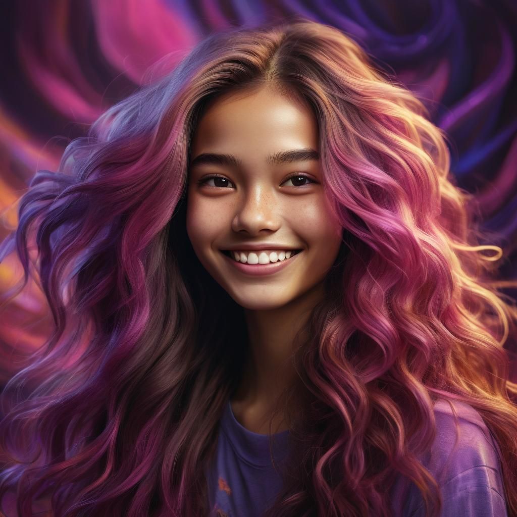Young Woman Smiling with Swirling Pink Background