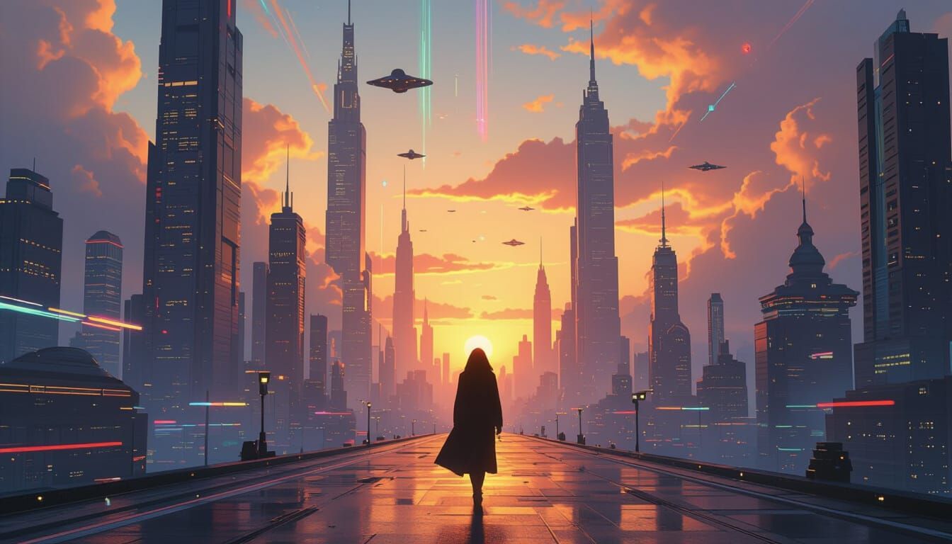 Dystopian Exoplanet Cityscape at Sunset