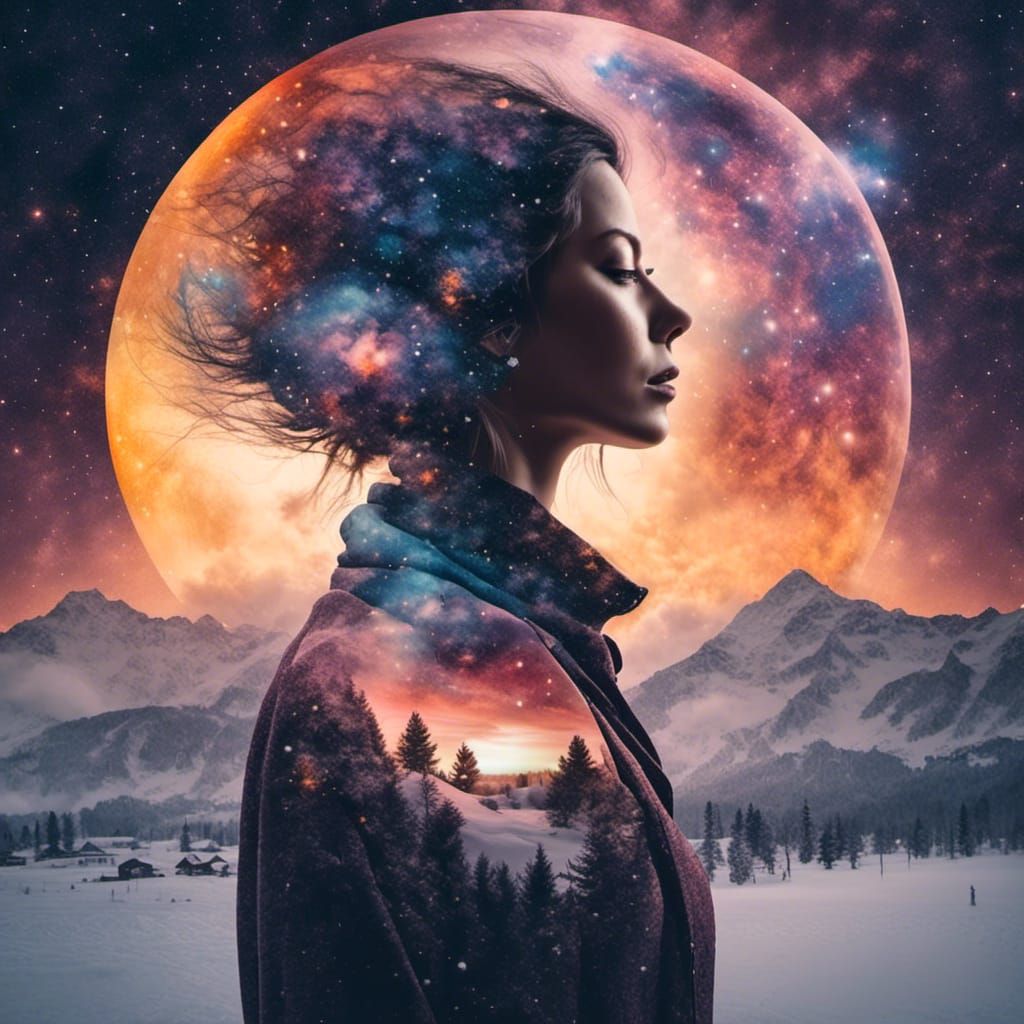 Woman, Galaxies, Sunset Double Exposure Art
