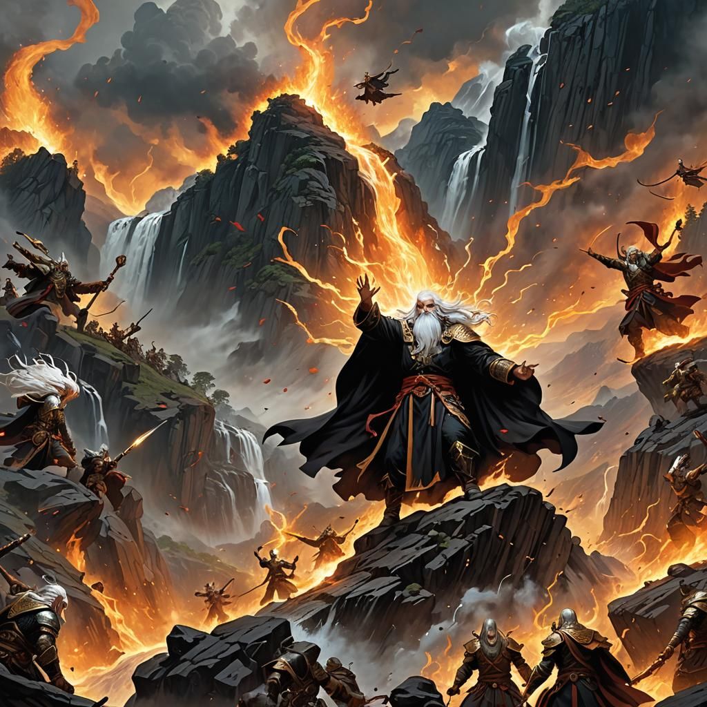 Epic Battle on Floating Mountain, Dark Fantasy Art