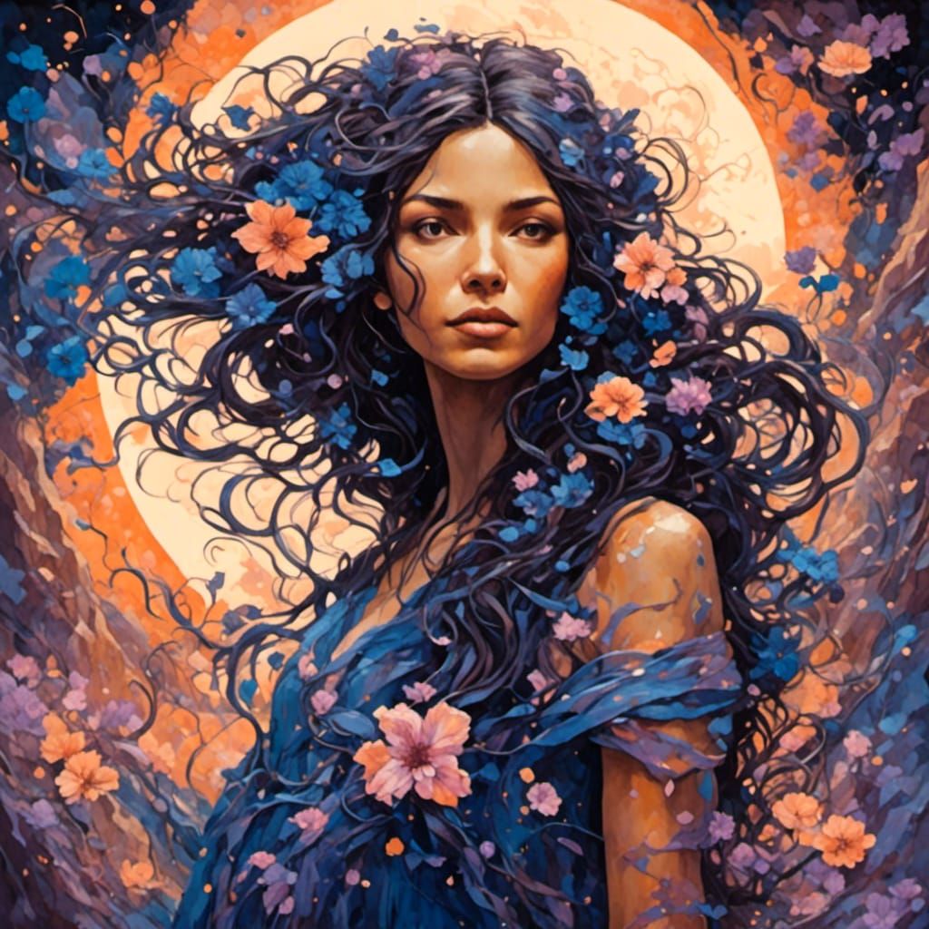 <lora:NeonBioGlowXL:1.0>  <lora:Floral Dreams:1.0> picture of a beautiful tan skin dark hair luminous woman with Indigo ...