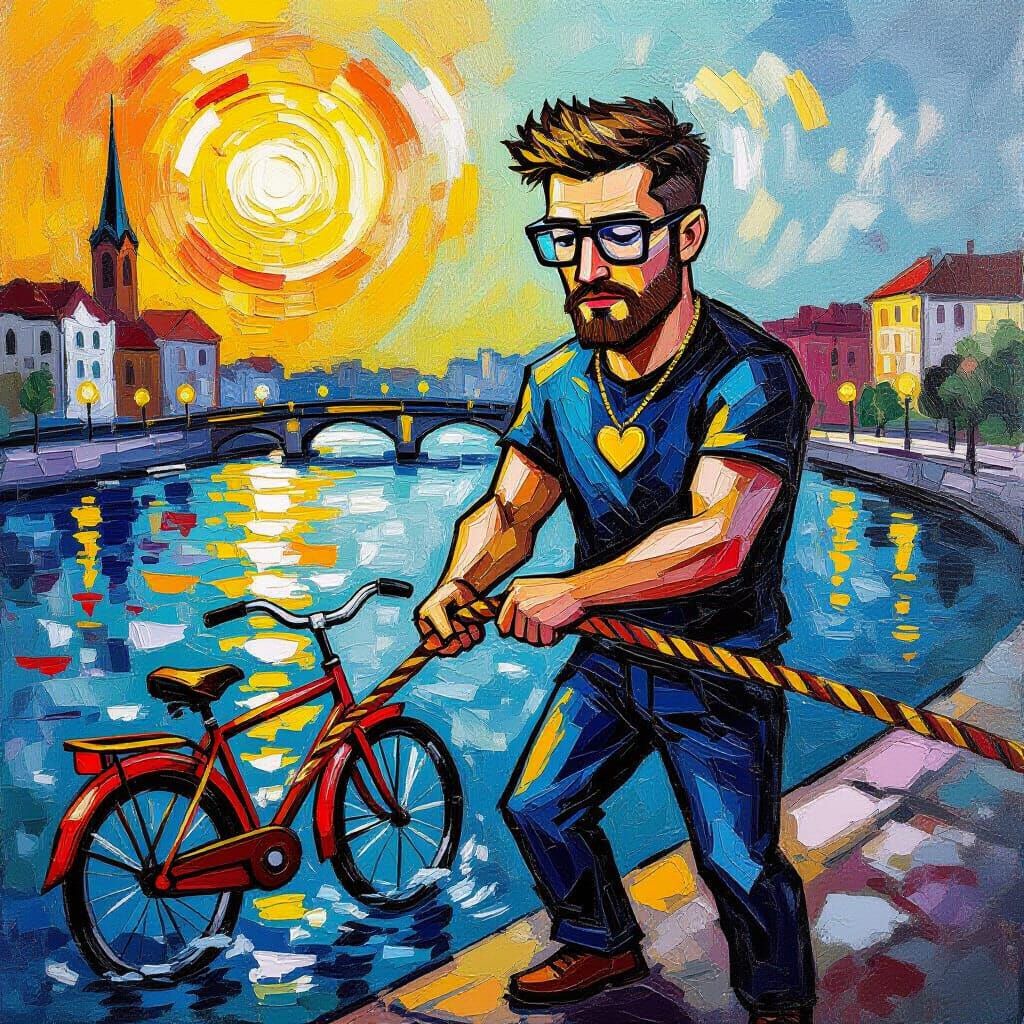 Man Pulling Bicycle From River in Impasto Style